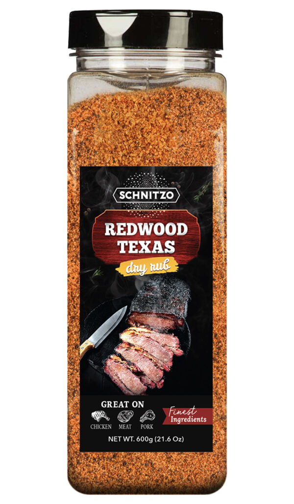 Black Shaker bottle with Redwood Texas Rub for meat
